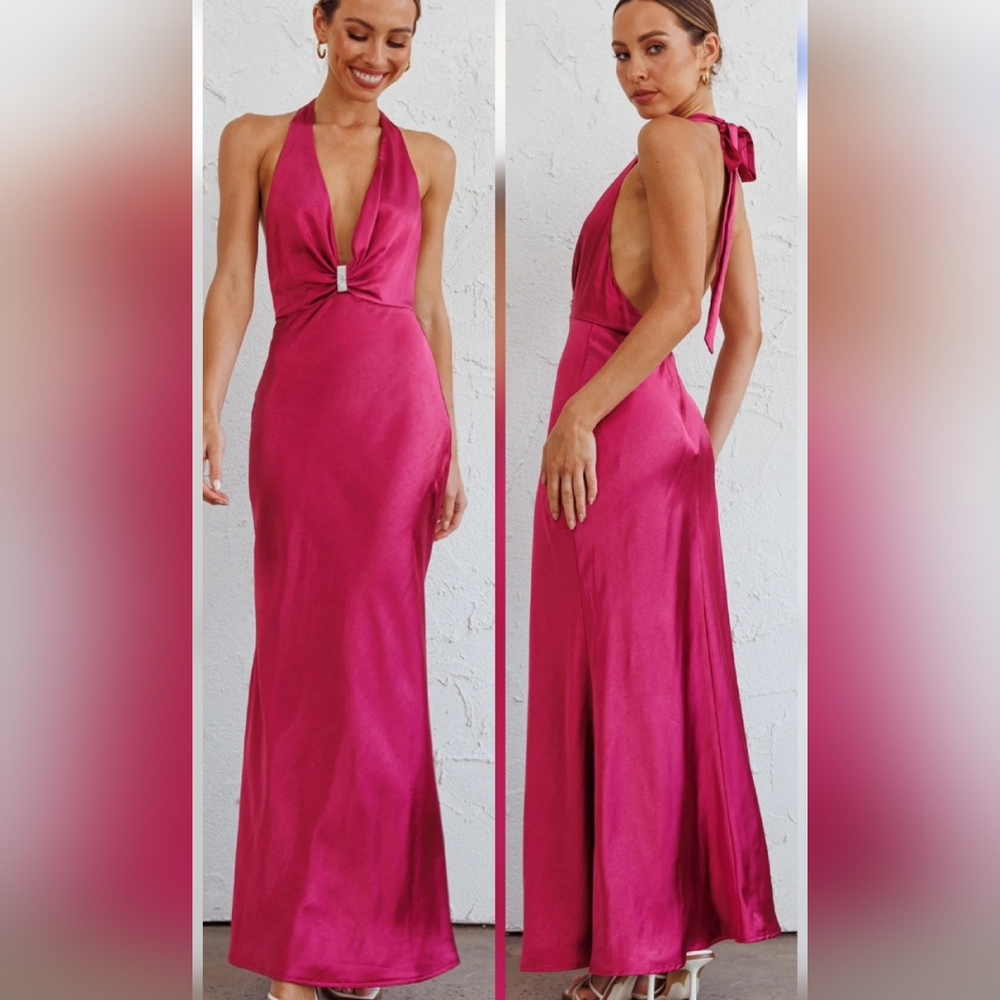 Saints & Secrets Oasis Diamante Halterneck Maxi Dress Fuchsia